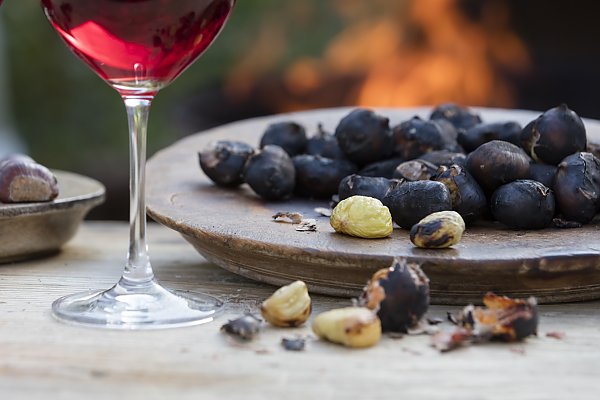 Herbstliches Südtiroler Essen bei einem Glas Rotwein Herbstliches Südtiroler Essen bei einem Glas Rotwein