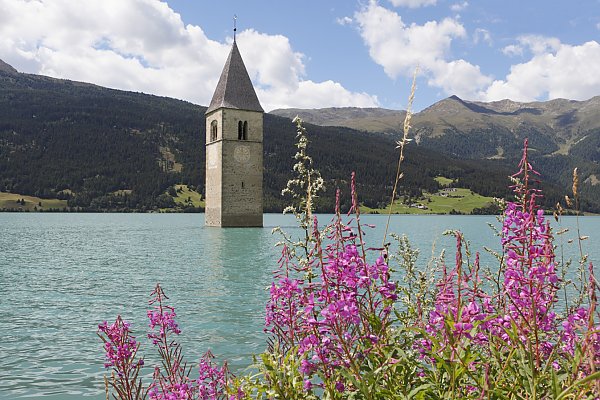 Kirchturm im Wasser am Reschenpass in Graun Kirchturm im Wasser am Reschenpass in Graun